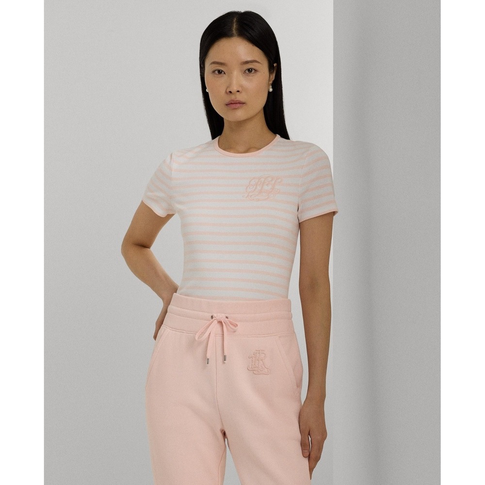 Lauren Ralph Lauren Striped Stretch Cotton Crew Neck T Shirts white pink Size XL